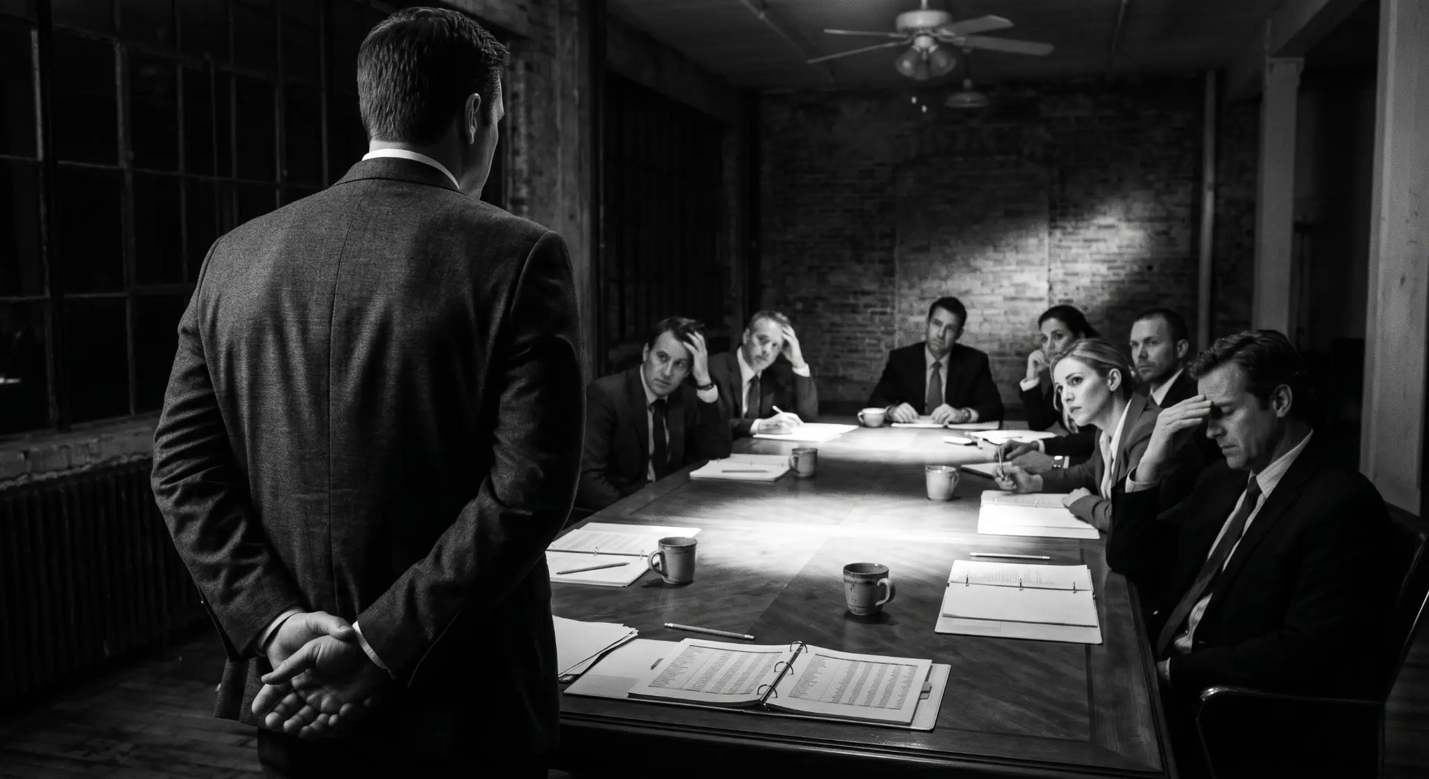 Zespół w sali konferencyjnej — konsultant prezentuje strategię zmian